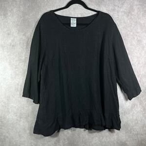 Match Point Top Womens Large Black Linen Tunic 3/4 Sleeves Minimalist‎ Lagenlook